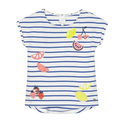 Girls' white and blue striped fruit applique t-shirt